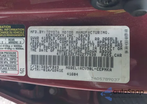 2004 Toyota Camry Le from USA, damaged, VIN 4T1BE32K74U277930